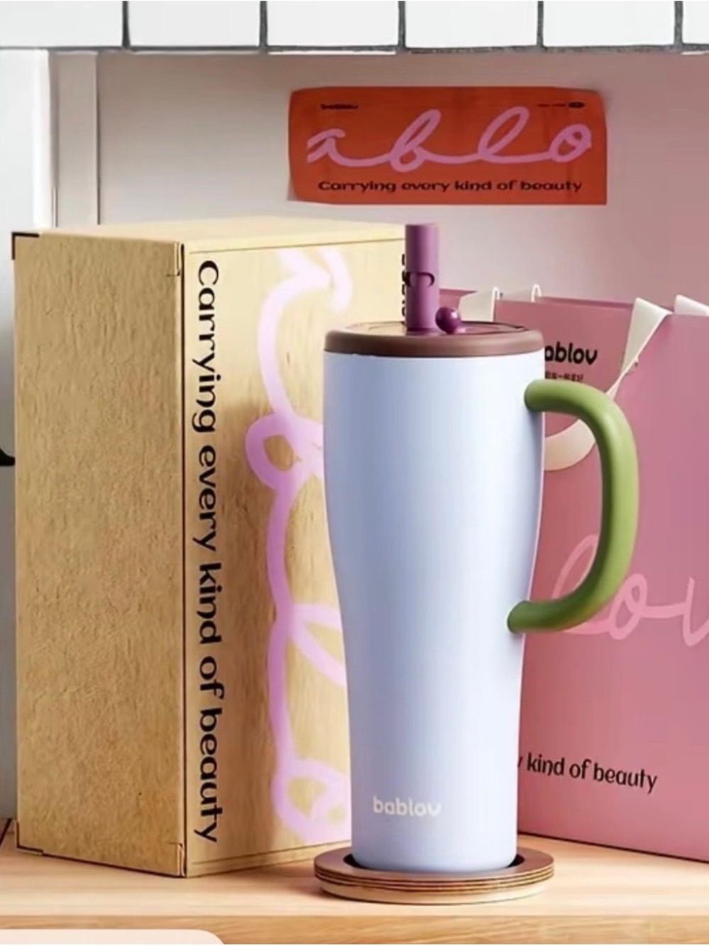 Bablov Pastel Travel Tumbler with Green Handle